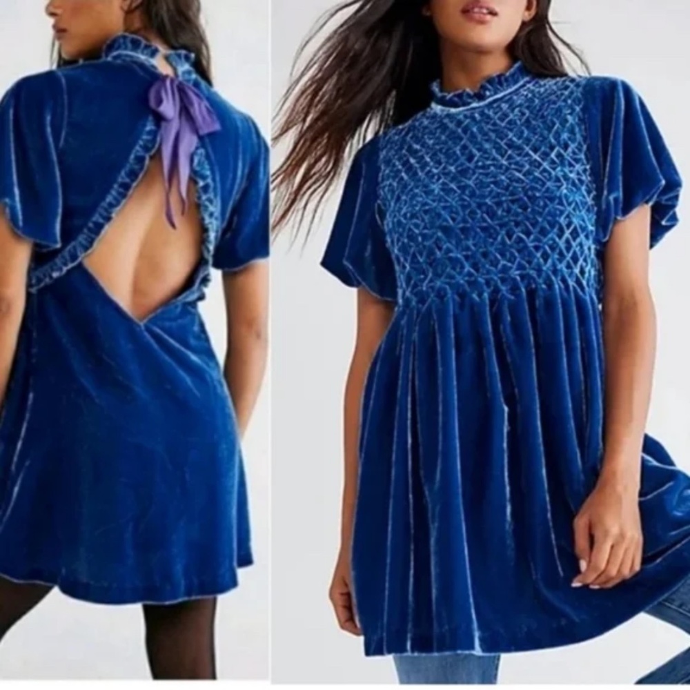 Free People Gum Drop Mini velvet dress in blue